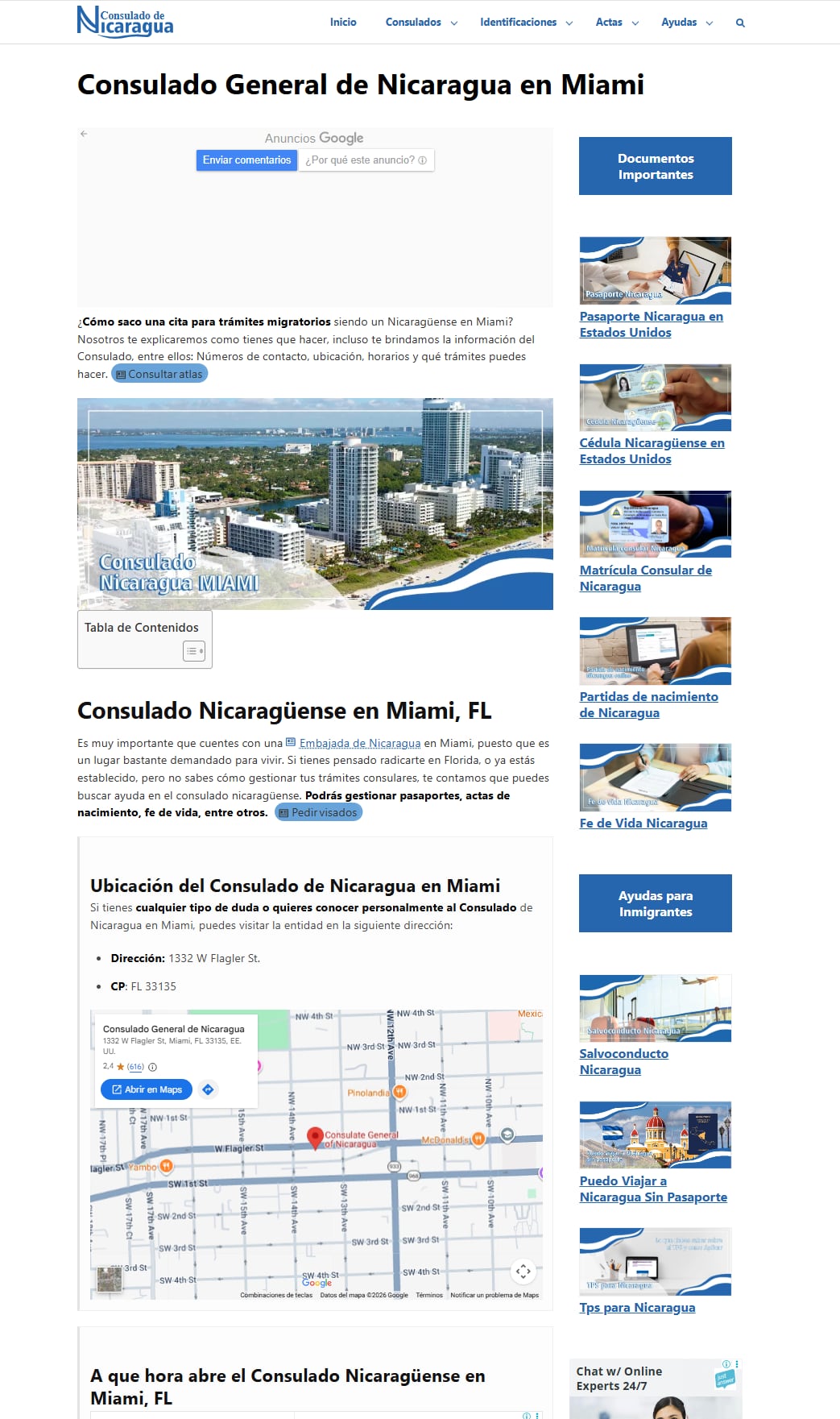 El portal del consulado de Nicaragua en Miami aún está vigente. (Captura de pantalla del portal web)