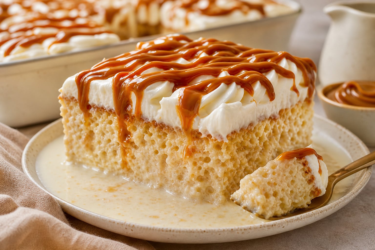 Una porción de pastel de tres leches con crema y dulce de leche reposa sobre un plato rodeada por su mezcla de leche. (Imagen Ilustrativa Infobae)