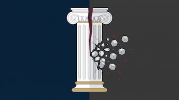 Columna jónica blanca sobre fondo azul y gris, con una grieta vertical en el centro y fragmentos cúbicos que se desprenden del lado derecho.