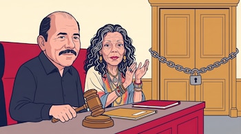 Ilustración de un hombre con bigote que sostiene un mazo y una mujer que aplaude ante una puerta cerrada con una cadena y un candado.