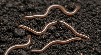 Macro fotografía de múltiples lombrices de color marrón claro con una franja blanca dorsal, moviéndose sobre tierra oscura y granulada en un jardín.