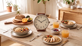 Mesa de madera con tres platos de arroz, pollo y vegetales, dos vasos de jugo, un yogur con frutos rojos, pan, aguacate, naranja y un reloj.