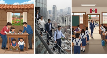 Ilustración tríptico de escenarios de evacuación: familia bajo mesa en casa, personas bajando escaleras de edificio, alumnos y maestra saliendo de aula en colegio.