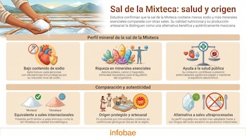 Infografía detallando la sal de la Mixteca: manos con sal, cristales minerales, un corazón, balanza de salud y producción artesanal.