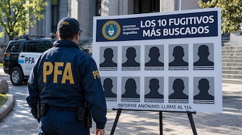 Un policía uniformado de espaldas ante un cartel con siluetas de personas buscadas y una patrulla estacionada al fondo.
