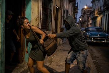 Un sujeto con capucha jala el bolso de una mujer en una acera junto a un automóvil clásico azul.