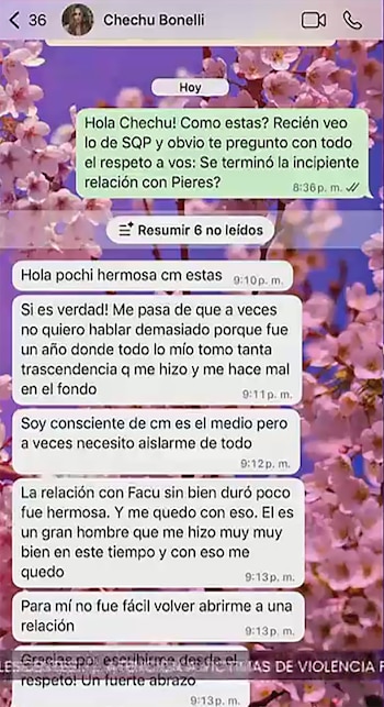 Captura de pantalla de un chat de WhatsApp con el contacto "Chechu Bonelli", mostrando mensajes en español sobre una ruptura, con fondo floral