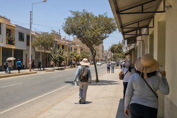 Peatones con sombreros y botellas de agua caminan por la acera de una avenida arbolada flanqueada por edificios.