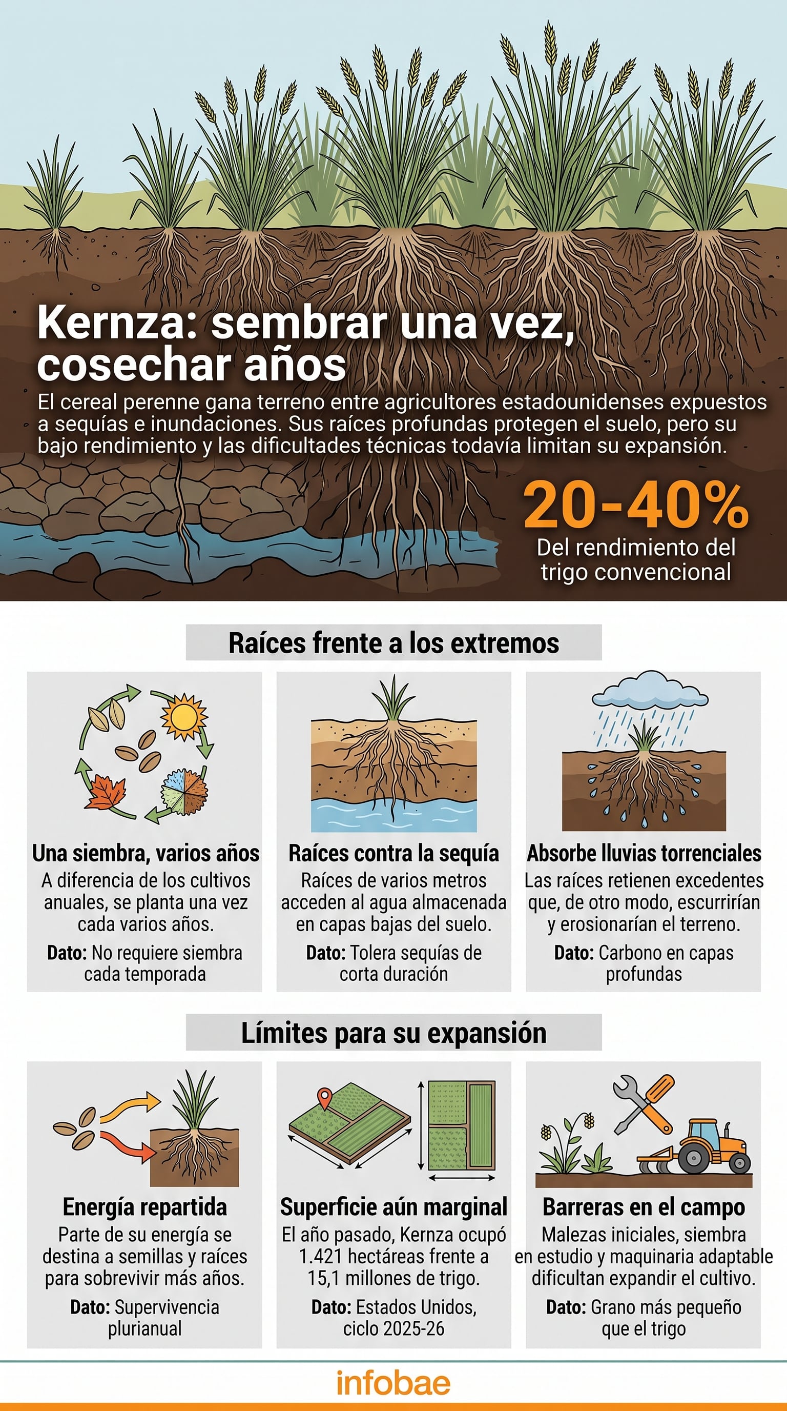Una infografía de Infobae detalla el rendimiento y las características agronómicas del Kernza, un cereal perenne cultivado en Estados Unidos (Imagen Ilustrativa Infobae)
