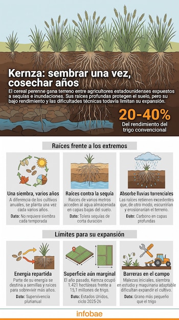 Ilustración esquemática sobre el cereal Kernza con diagramas de raíces profundas, gráficos de rendimiento y seis recuadros explicativos.