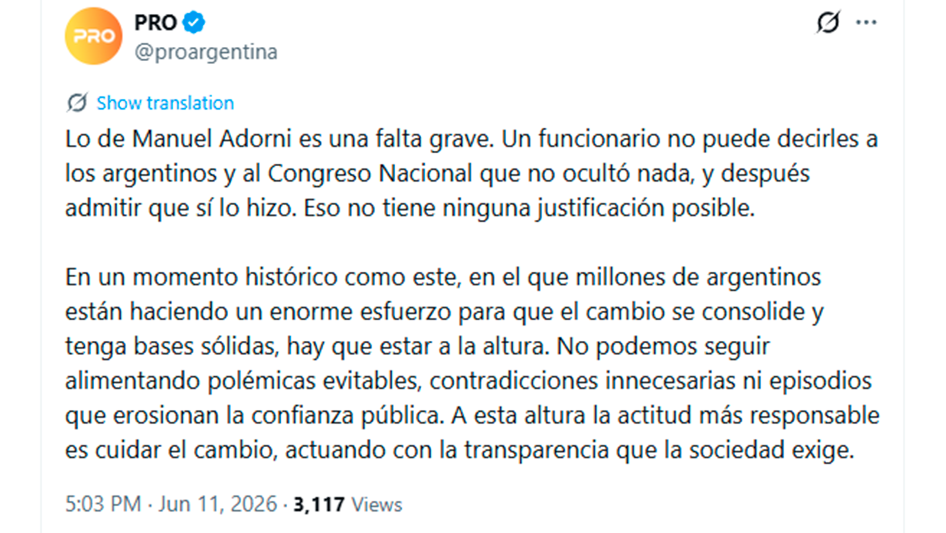 La reacción en el PRO luego de la explicación de Manuel Adorni