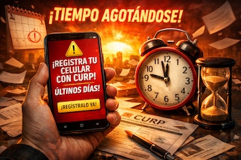 Una mano sostiene un celular con alerta de registro CURP, junto a un reloj despertador, un reloj de arena, un calendario y un documento CURP sobre un escritorio.