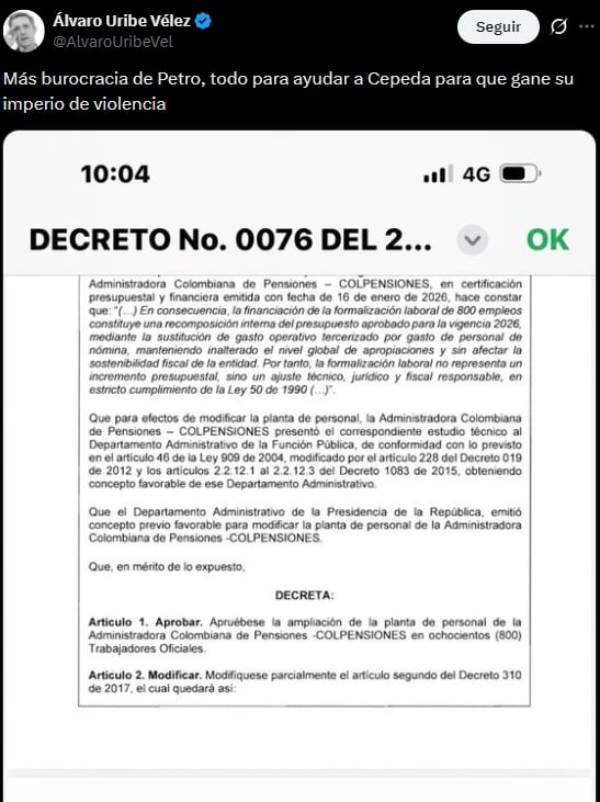 El expresidente acusó a Petro de impulsar la burocracia en su Gobierno - crédito @AlvaroUribeVel/X