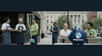Alcancía azul oscuro con logo PhillySaves en primer plano sobre una mesa. Detrás, diversos trabajadores genéricos interactúan en una calle de Filadelfia con edificios.