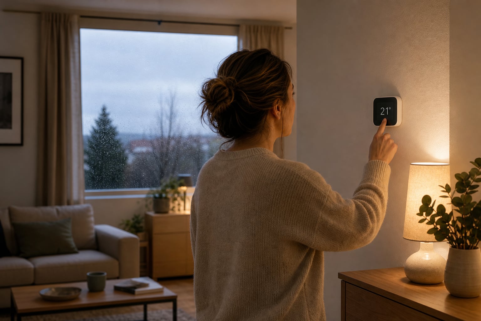 Una mujer ajusta el termostato digital a 21 grados centígrados en el salón de su casa en invierno. (Imagen Ilustrativa Infobae)