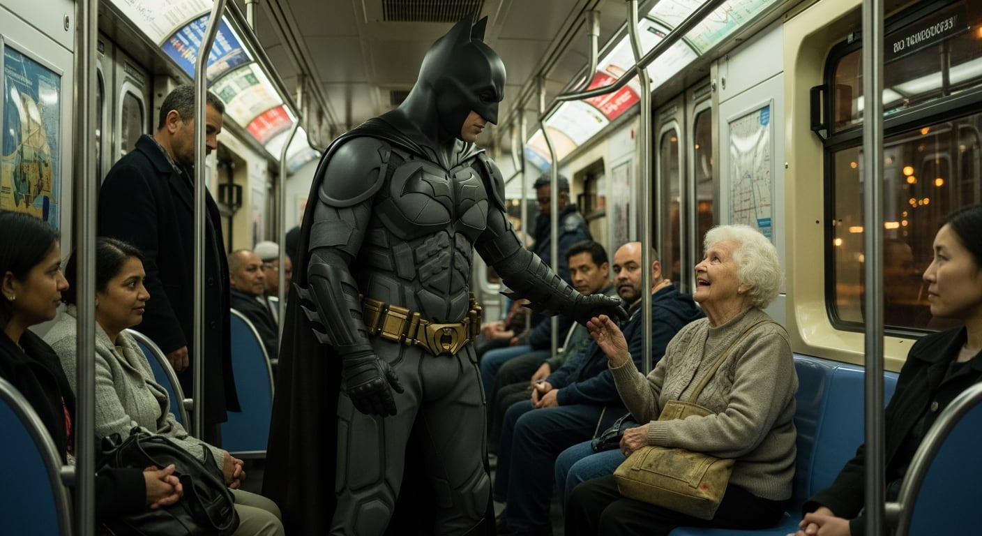 Batman aparece cediendo amablemente su asiento a una anciana en un vagón de metro lleno de pasajeros. (Imagen Ilustrativa Infobae)