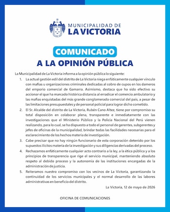 Un comunicado oficial de la Municipalidad de La Victoria en fondo azul claro, con el escudo municipal y el texto "COMUNICADO A LA OPINIÓN PÚBLICA" en azul oscuro