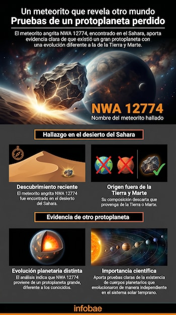 Imagen conceptual de un meteorito impactando un planeta con un cielo estrellado de fondo, junto a paneles informativos sobre el descubrimiento.