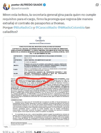 Saade recordó la polémica alrededor de González Grau por la certificación de su experiencia laboral, puesta en entredicho por la denuncia que hizo en redes sociales el viernes 23 de octubre el representante a la Cámara Daniel Monroy (Pacto Histórico) - crédito @pastorsaade/X