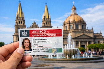 Primer plano de una mano sosteniendo una licencia de conducir de Jalisco, con la Catedral de Guadalajara y la fuente de la Rotonda en segundo plano.