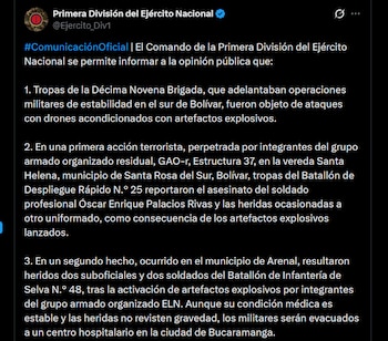 El sur de Bolívar sufre dos ataques con drones explosivos contra el Ejército Nacional durante operaciones militares de control territorial - crédito X