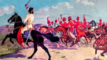 Pintura al óleo que muestra una carga de caballería. Un jinete principal en un caballo oscuro alza un sable, seguido por jinetes con uniformes rojos en acción