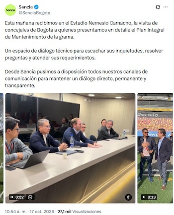 Los integrantes del Concejo de Bogotá conocieron el Plan Integral de Mantenimiento durante una visita a las instalaciones del estadio, realizada el sábado 17 de octubre - crédito @SenciaBogota/X
