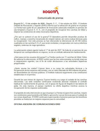 El organismo distrital explicó que las operaciones que se realizaron en el Parque La Florida contaron con la autorización previa y con el apoyo de una empresa llamada Equiver -crédito IDRD