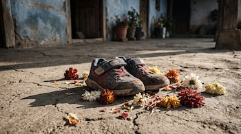 Zapatos deportivos de niño color azul y rojo sobre suelo agrietado, rodeados por flores rojas, amarillas y blancas.