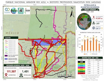 Mapa con rutas de patrullaje de colores, gráficos de barras de kilómetros e información estadística sobre áreas protegidas de Guatemala