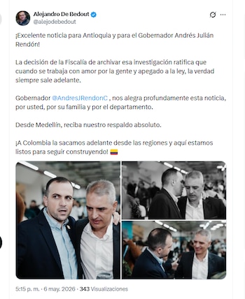 El presidente del Concejo de Medellín, Alejandro de Bedout, celebró la decisión de la Fiscalía de archivar una investigación contra el gobernador Andrés Julián Rendón - crédito @alejodebedout/X