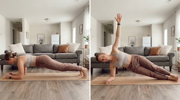 Imagen dividida en dos. Una mujer en un salón. Izquierda: plancha frontal sobre antebrazos y pies. Derecha: plancha lateral sobre un antebrazo y costado.