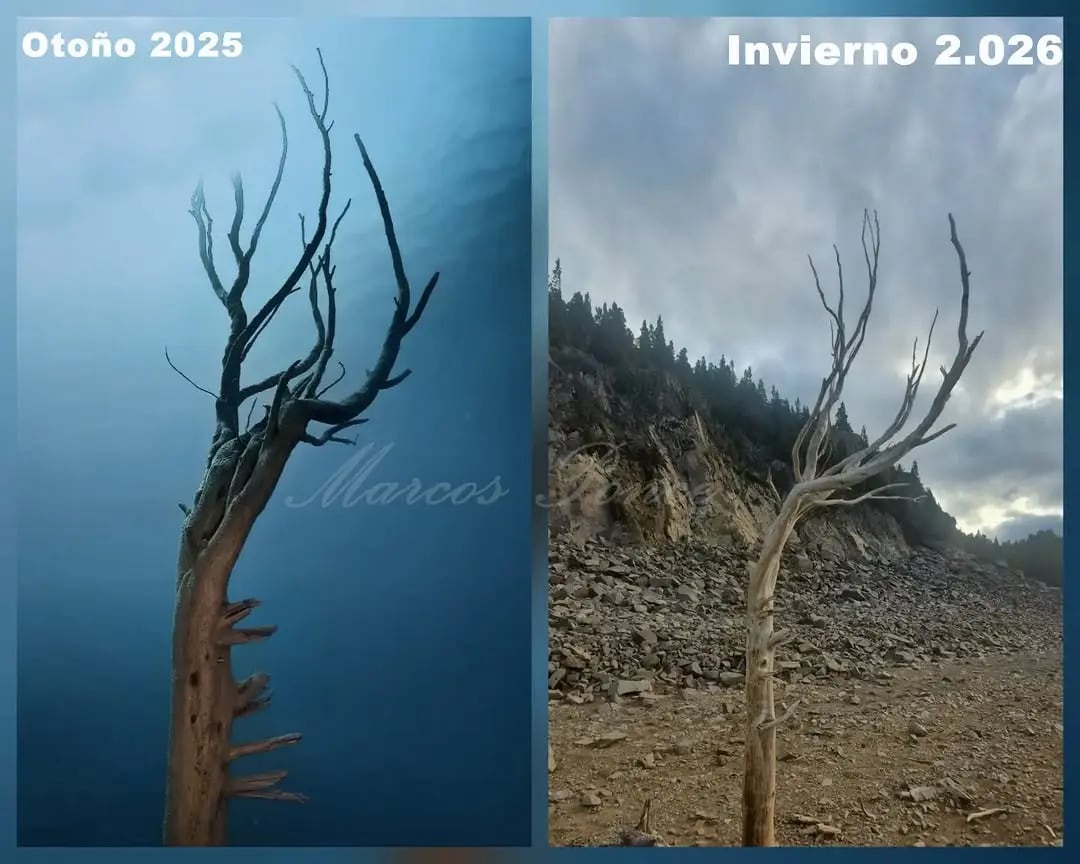 En 2022 esas mismas estructuras se encontraban a más de dos metros de profundidad, una diferencia que las imágenes actuales del embalse reflejan de forma concreta
