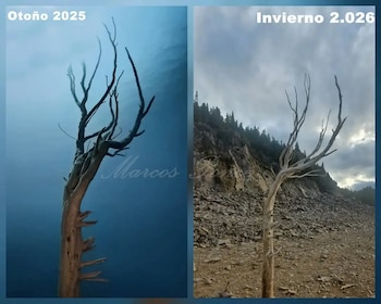 En 2022 esas mismas estructuras se encontraban a más de dos metros de profundidad, una diferencia que las imágenes actuales del embalse reflejan de forma concreta