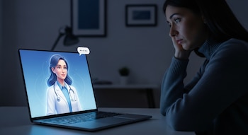 Una mujer con expresión triste mira una laptop en la oscuridad, cuya pantalla muestra una figura de IA en forma de doctora con una burbuja de diálogo.