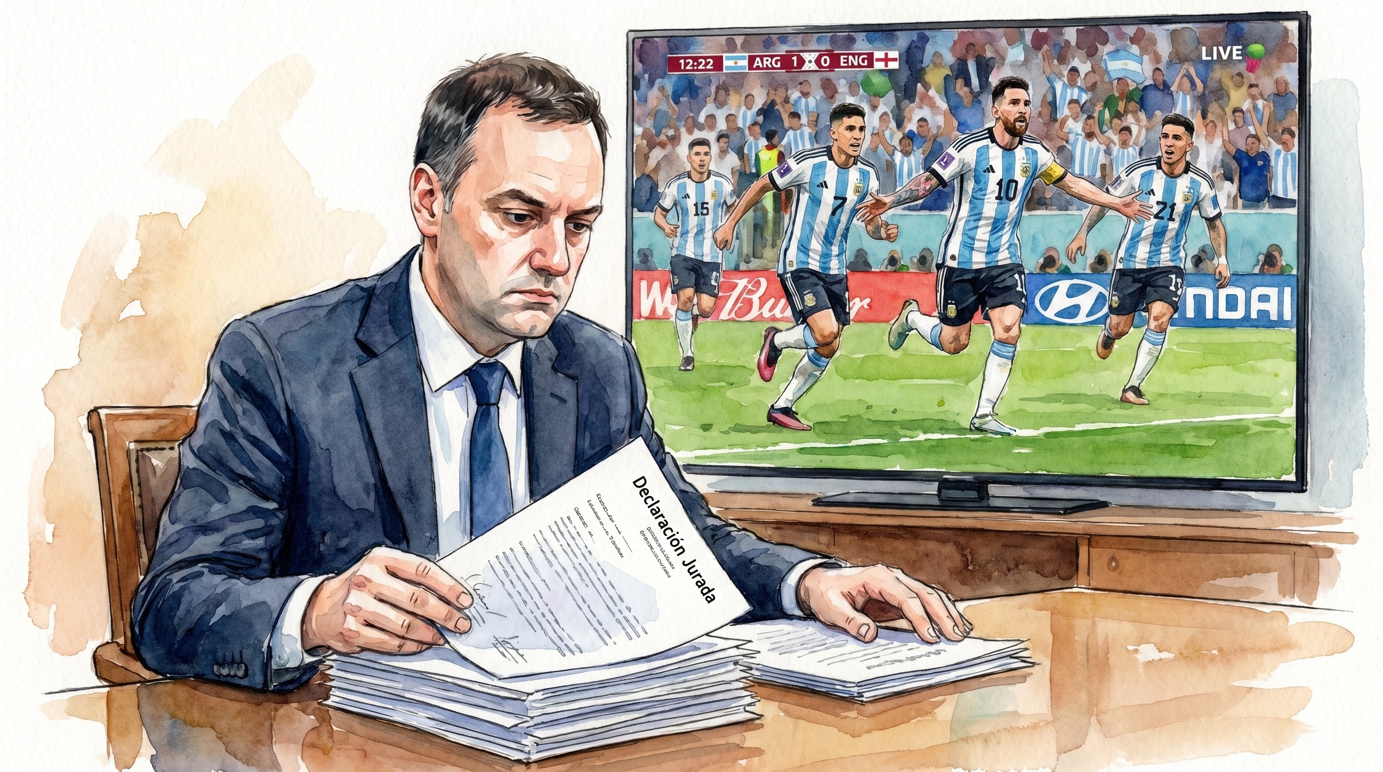 Manuel Adorni, portavoz presidencial, revisa documentos de declaración jurada mientras de fondo se televisa un partido del Mundial de la selección argentina. (Imagen Ilustrativa Infobae)