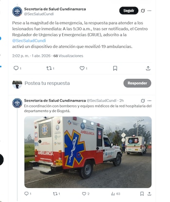 La Secretaría de Salud Cundinamarca entregó detalles sobre el accidente en la vía Zipaquirá-Ubaté - crédito @SecSaludCundi/X