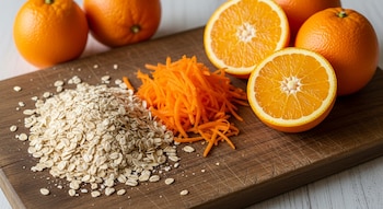 Una tabla de madera contiene un montón de avena, zanahoria rallada y varias naranjas, incluyendo dos cortadas por la mitad.