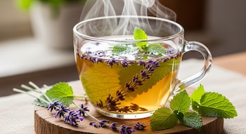 Primer plano de una taza transparente de tisana caliente y humeante, con flores de lavanda y hojas de toronjil flotando, sobre una tabla de madera.