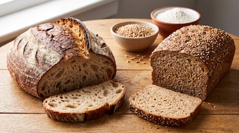 Dos panes cortados, uno de masa madre y otro integral con semillas, sobre una mesa junto a cuencos con granos de trigo y harina.