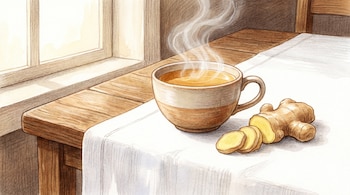 Ilustración de una taza de té de jengibre caliente con vapor ascendente, colocada en una mesa de madera con mantel blanco y jengibre fresco.