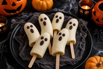 Seis paletas de plátano con cobertura blanca y trozos de chocolate en un plato negro, rodeadas de pequeñas calabazas, velas y telarañas.