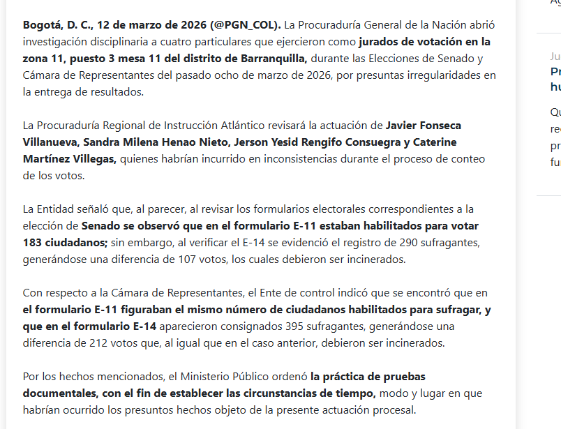 La Procuraduría ordenó a la Procuraduría Regional de Instrucción Atlántico reunir pruebas documentales para esclarecer los hechos y determinar la razón de las discrepancias en el conteo - crédito Procuraduría
