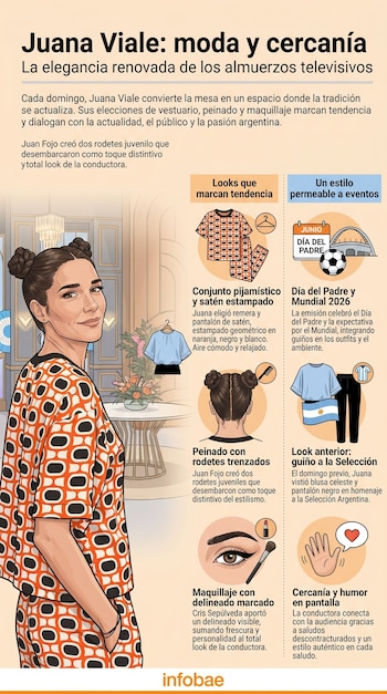 Infografía con ilustración de Juana Viale, dos atuendos, dos peinados, maquillaje, y elementos gráficos sobre el Día del Padre y el Mundial 2026.