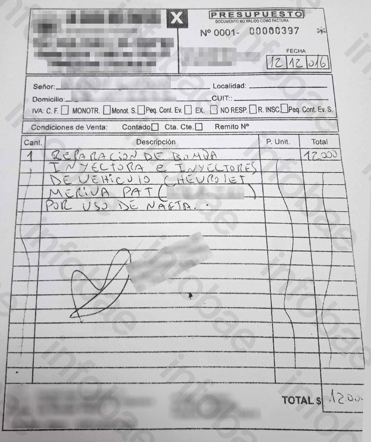 El taller mecánico detectó nafta en el tanque y reparó la bomba inyectora, los inyectores y otras piezas del sistema de combustible del vehículo. (Poder Judicial)