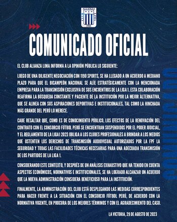 Comunicado de Alianza Lima sobre