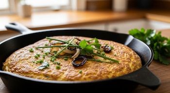 Tortilla de matzá brei dorada en sartén de hierro fundido, adornada con aros de cebolla caramelizada, cebollino picado y perejil, sobre una encimera de madera.