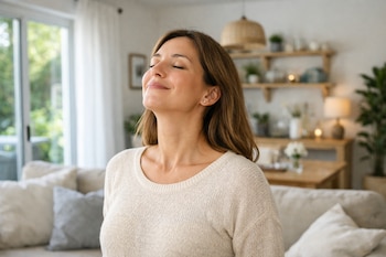 Mujer caucásica de mediana edad con cabello castaño y suéter claro, sonriendo con los ojos cerrados, respirando hondo en una sala de estar bien iluminada.