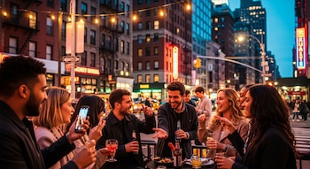 Siete jóvenes sonriendo y bebiendo en una mesa de terraza por la noche, con edificios, luces urbanas y vehículos de Nueva York al fondo.