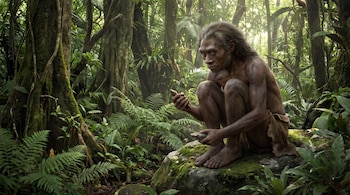 Un homínido de pelo largo y piel oscura, sentado sobre una roca cubierta de musgo, sostiene dos herramientas de piedra en una selva tropical.